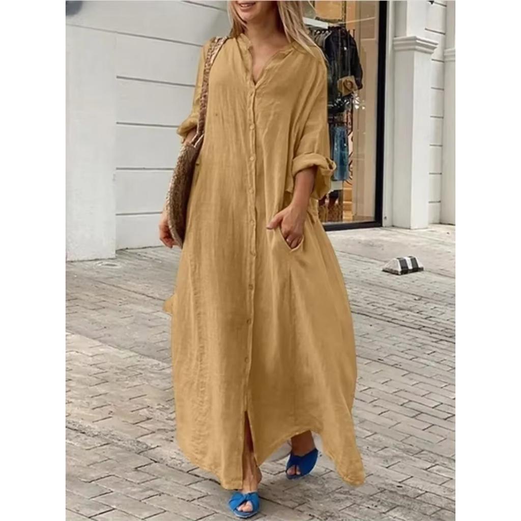 Frühlings Baumwolle Leinen Oversize Damen Kleid Lang Weiß Knopf Locker Kleider Weiblich Neu Lässig Trendig Elegant Damen Kleidung