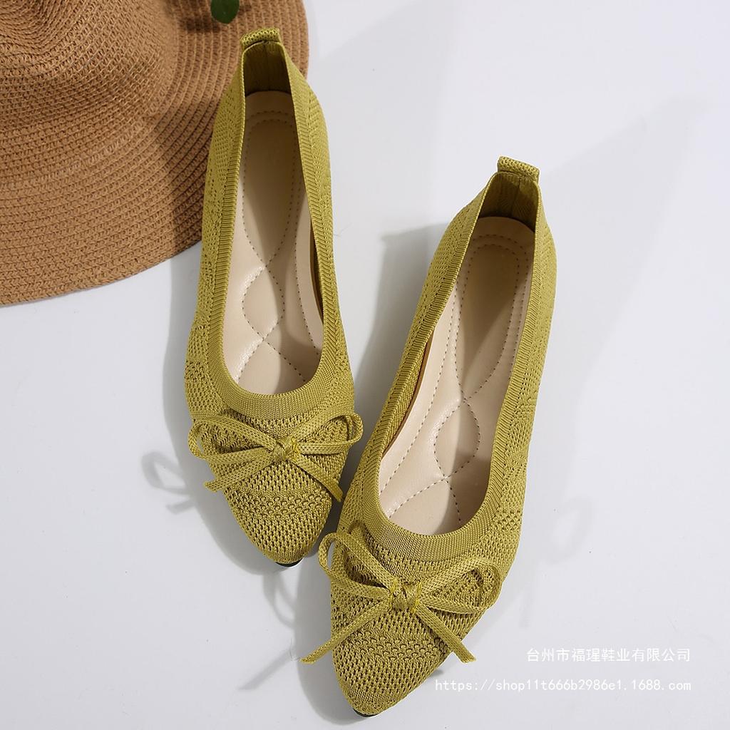 Foreign Trade Bow Single Shoes Women's 2025 New Doudou Shoes Women's Knitted Flat Shoes Light Mouth Fly Knitting Shoes Large Size Women's Shoes