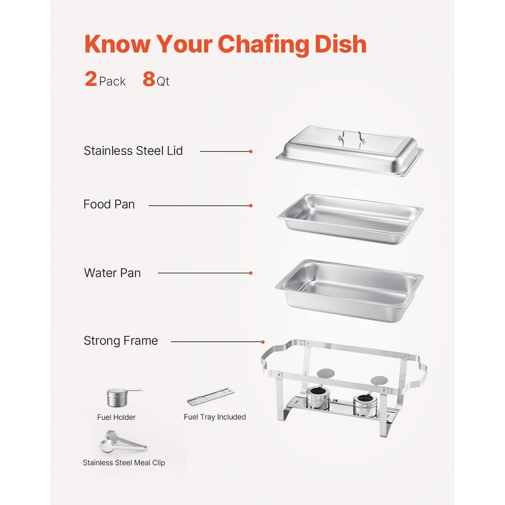 SucceBuy 8 Qt 2 Pack Chafing Dish Buffet Set Stainless Steel Chafer with 2 Full Size Pans Rectangle Catering Warmer Server