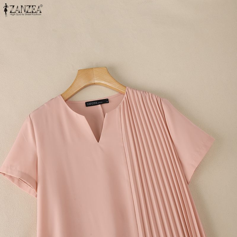 ZANZEA Women Casual V-Neck Solid Color Loose Short Sleeve Dress