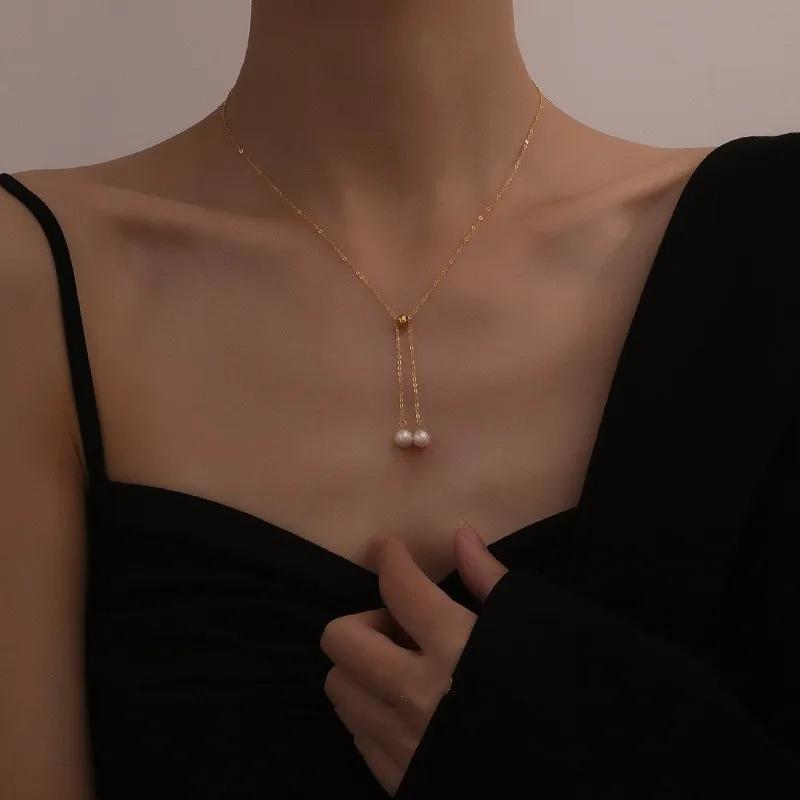 Minimalist Baroque Freshwater Pearl Long Tassel Pendant Necklace Women Real Gold Plated Copper Thin O Chain Choker