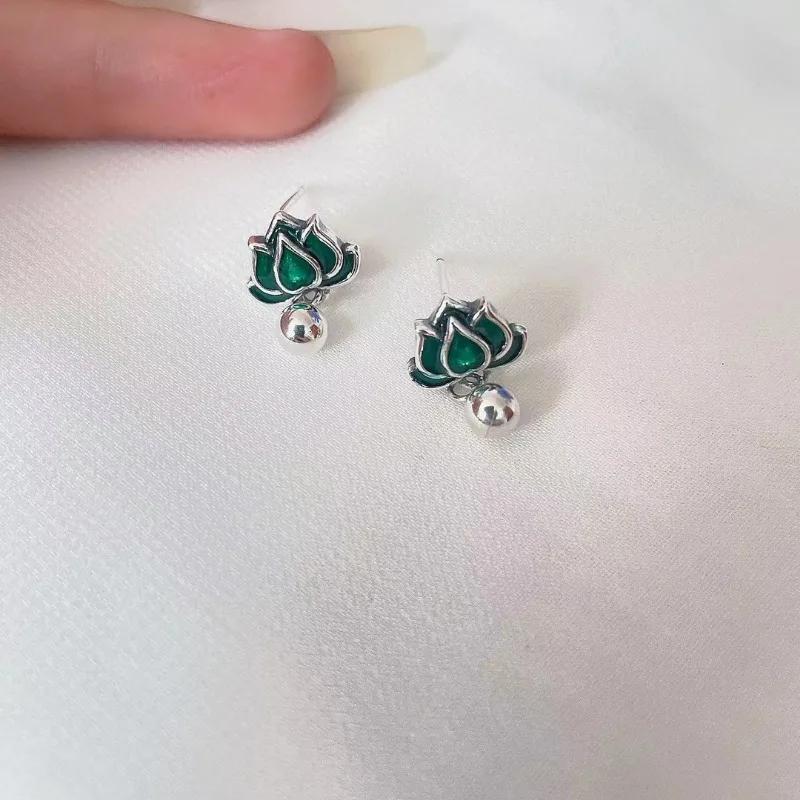 Blue Lotus Flower Earrings for Women Fresh Vintage Classic Art Enamel Tassel Short Earings Stud Party Jewelry Gifts