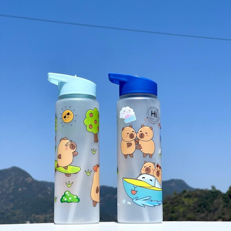 750ml Capybara Printed Water Bottle With Straw Sippy Cup Leakproof Plastic Water Bottles For Outdoor Sports Camping Drink Cup