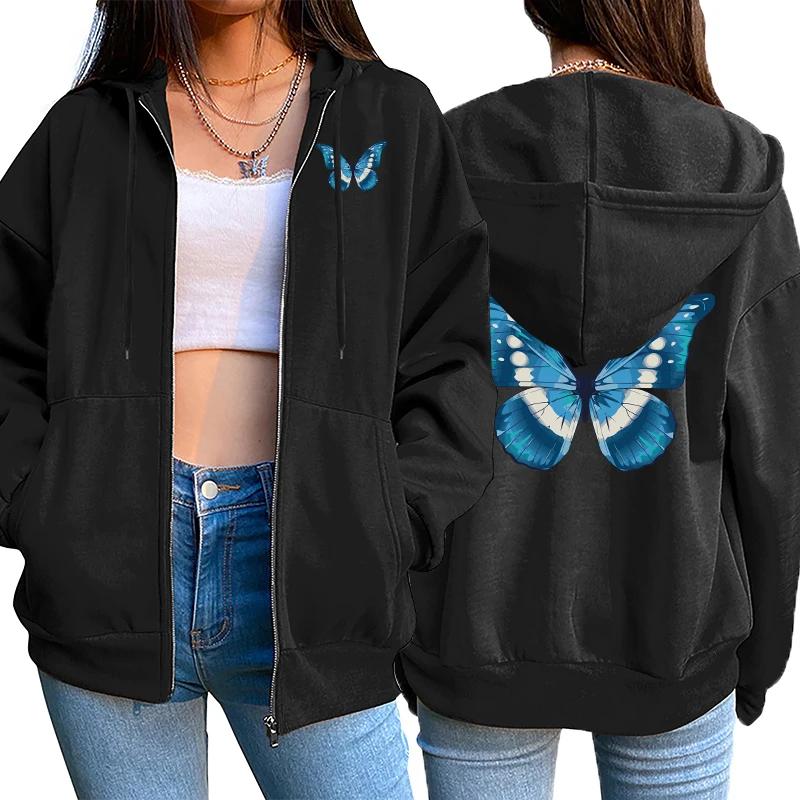 

Butterfly Printed Hoodies for Women Hooded Longsleeve Jackets Autumn Home Outdoor Casual Fashion Ziiper Coats S