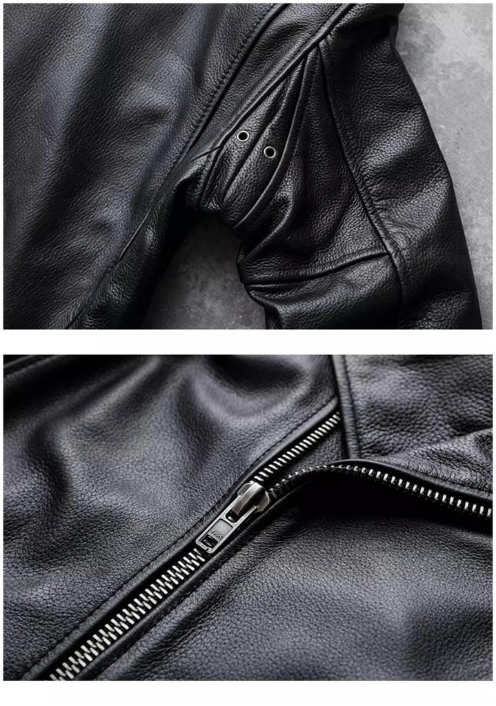 CHEJI Genuine Leather Cowhide Biker Motorcycle Denim Fashionable Jacket, Men's Coat, Jacket, Short, Jacket, Cold-Resistant, Windproof, Thick, Spring,