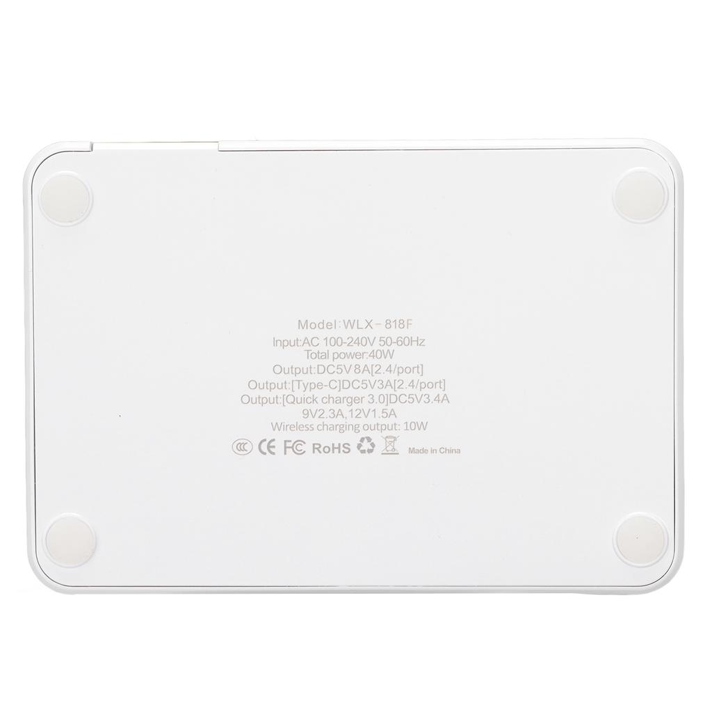 USB Phone Charging Station Block 40W 6 Port QC 3.0 Charging Hub Wireless Charging Base with LCD