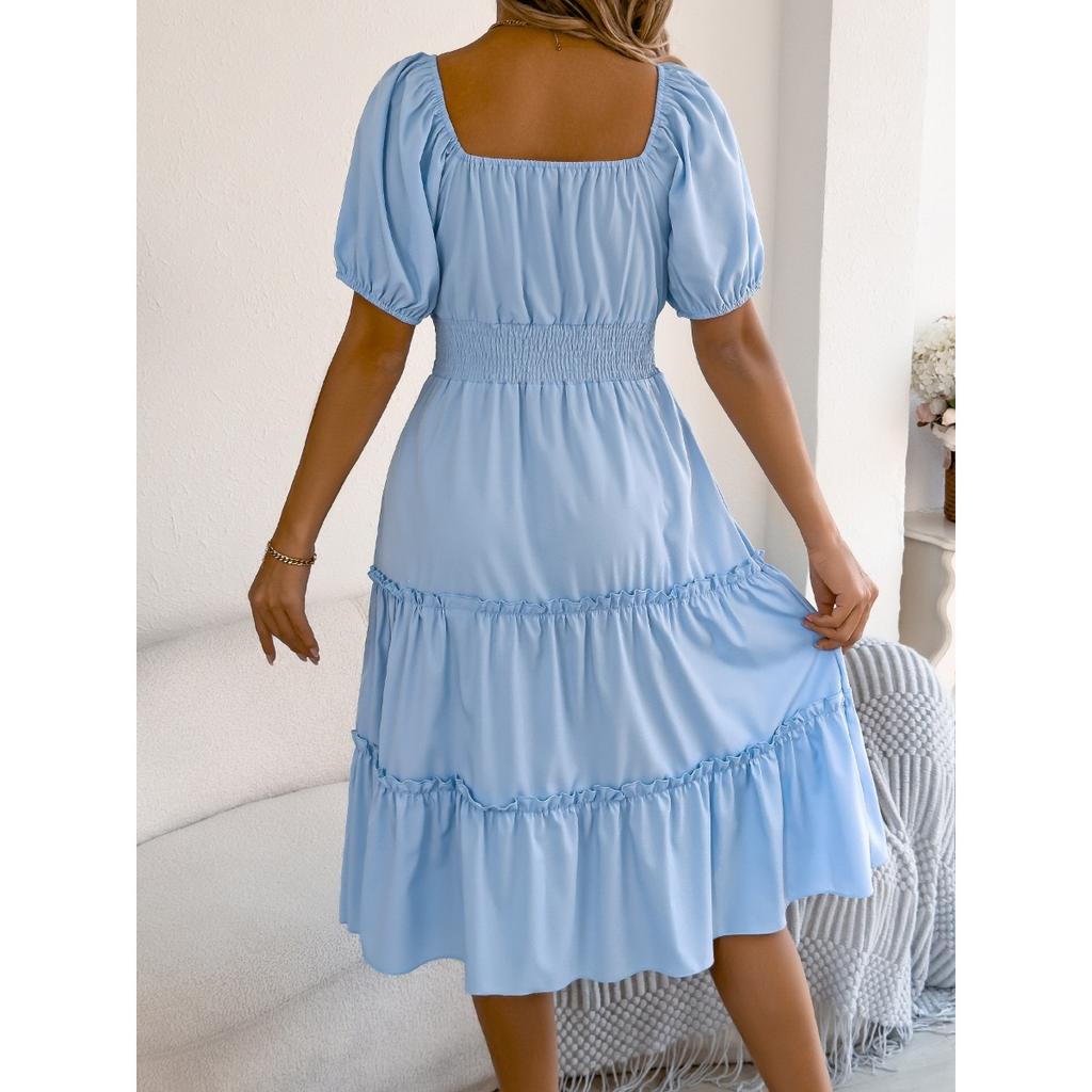 Spring Summer Solid Color Square Neck Short Sleeve Ruffled Large Hem A-line Dress for Women European American Style Crossborder Women's Clothing