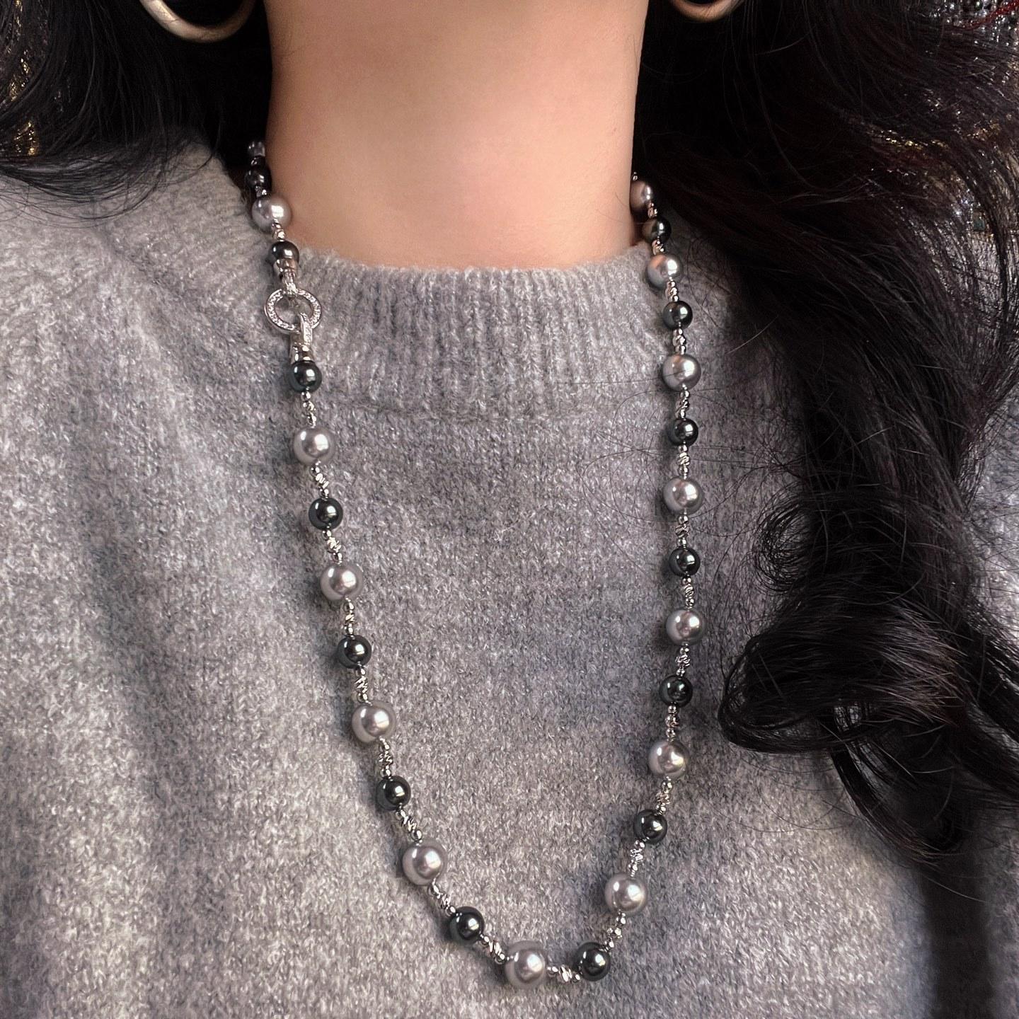 High Quality Platinum Grey Shijia Pearl Maillard Wind Necklace Collarbone Chain Neck Chain Sweater Chain Women