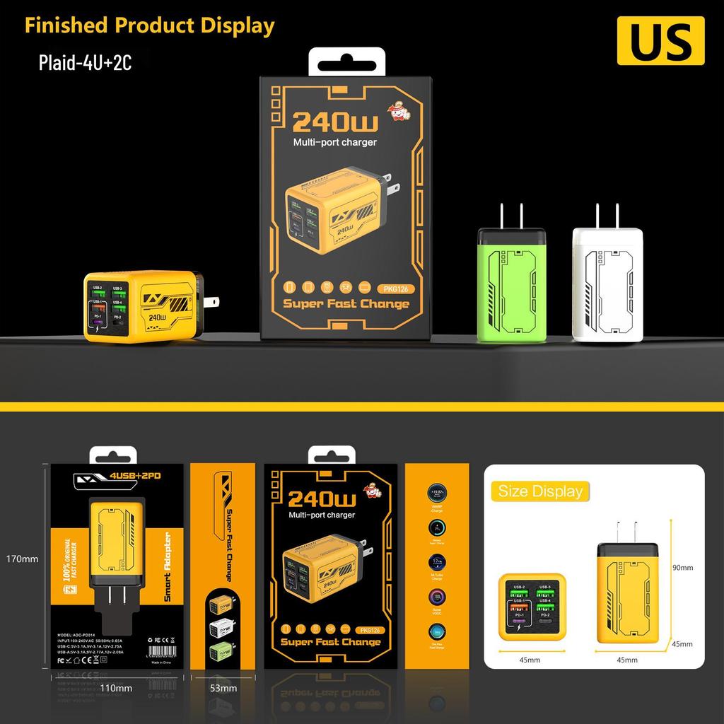 Mecha Style PD240W Fast Charger: 4-USB & 2-Type-C Ports, Compatible with Apple & Huawei Devices