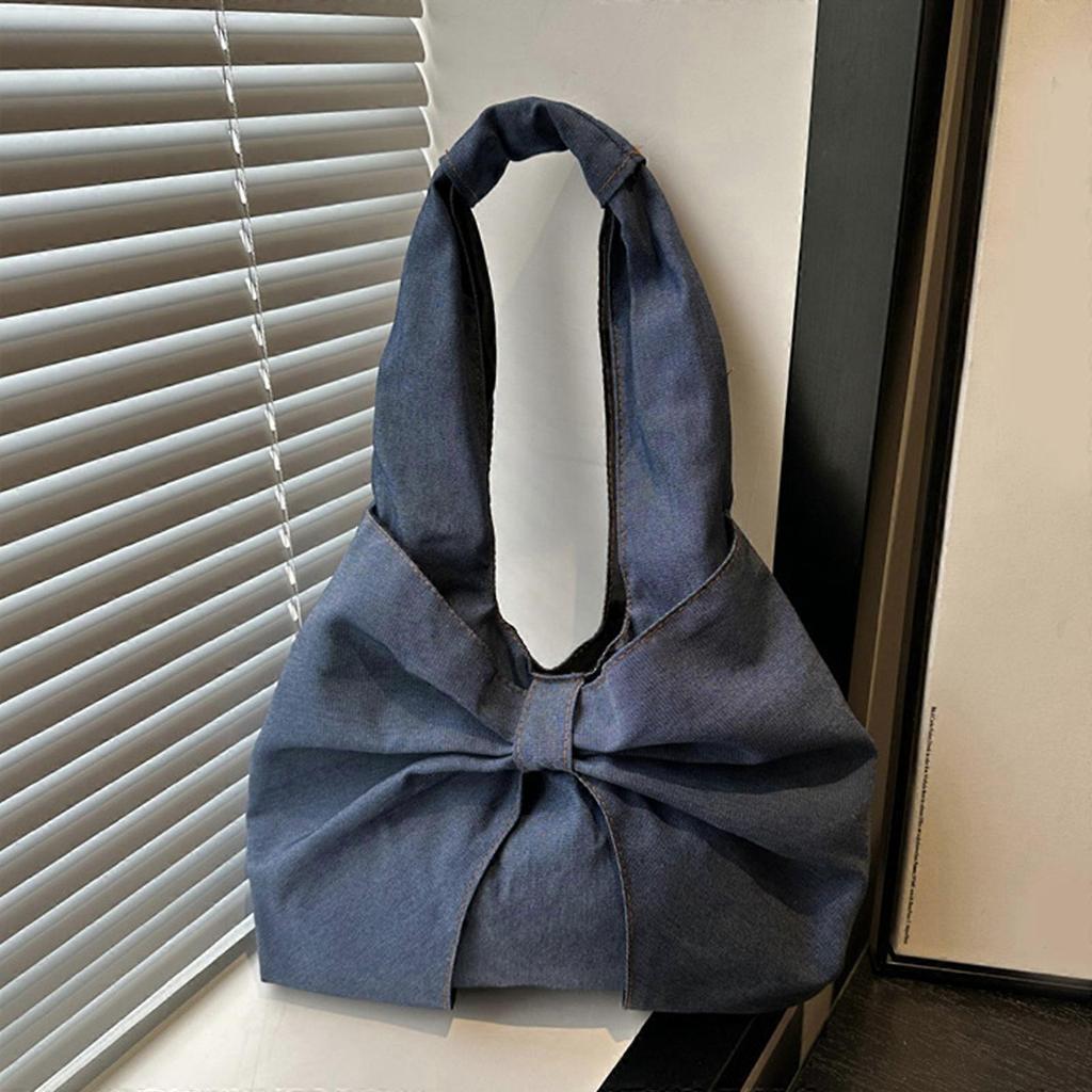 Japanese Style Women's Underarm Bag With Bows Decoration Jeans Shoulder Bag Casual Satchel Handbag for Women and Girls Blue