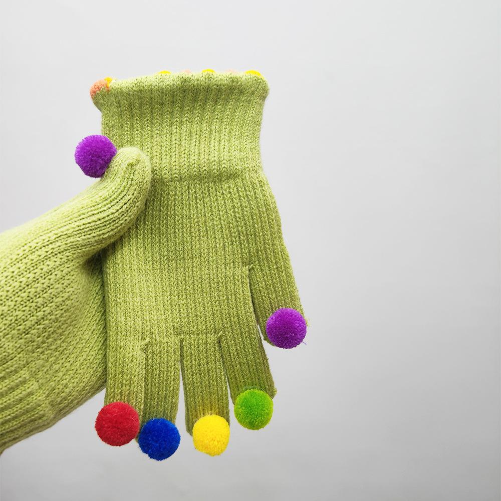 Knitted Five Finger Hair Ball Gloves Cute Little Jelly Beans Winter Women Touch Screen Warm Cycling Accessories