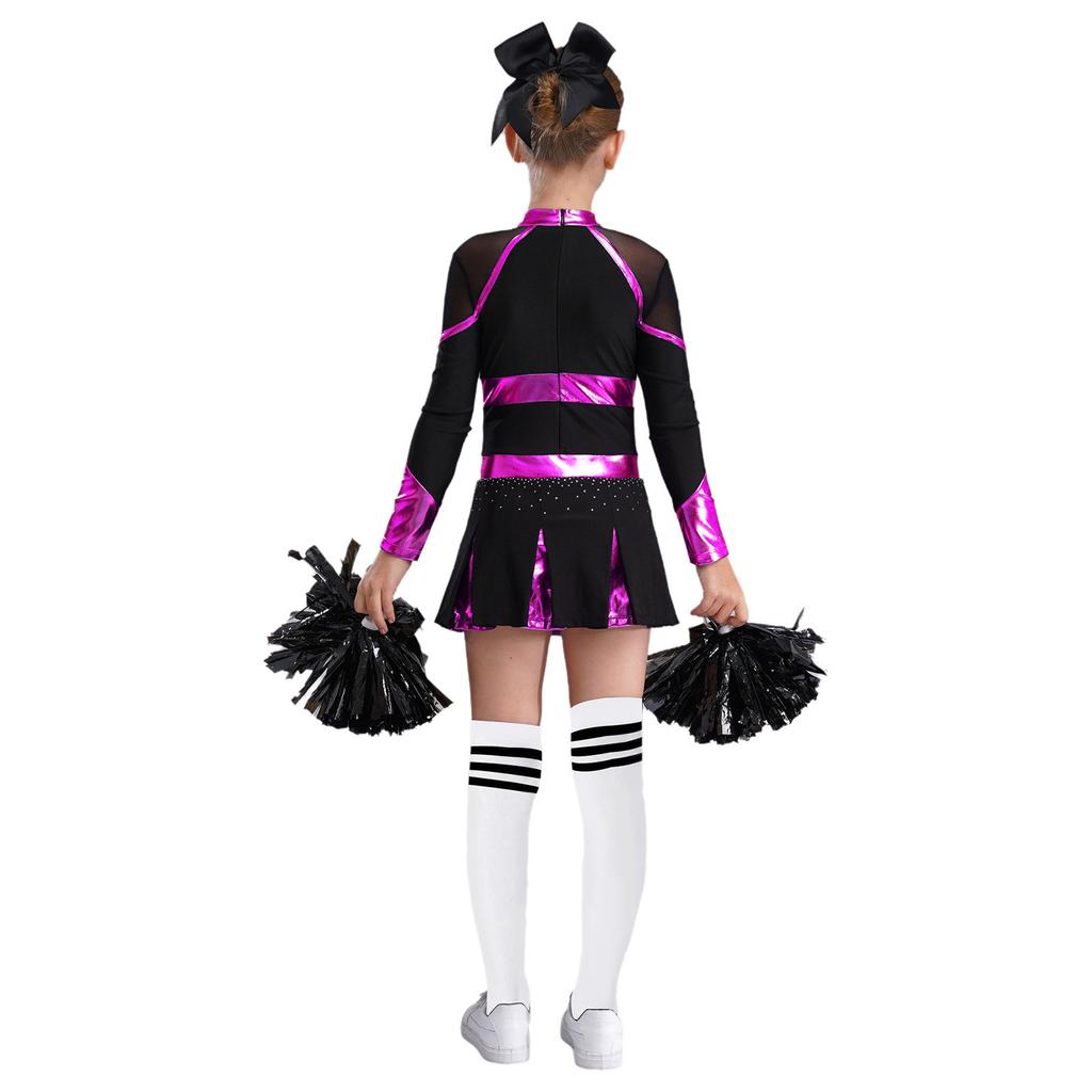 Girls Cheerleading Outfit Rhinestone Letter Design Metallic Color Patchwork Long Sleeve Pleated Dress Set