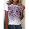 T-shirt Purple Print Summer Casual Round Neck Short Sleeved Top Outdoor Fashion Women's Clothing