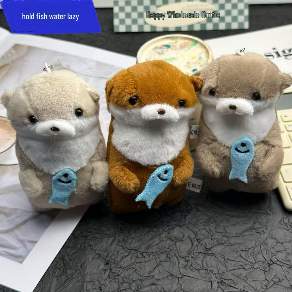 Cute Otter Holding Fish Plush Keychain - Creative Animal Pendant