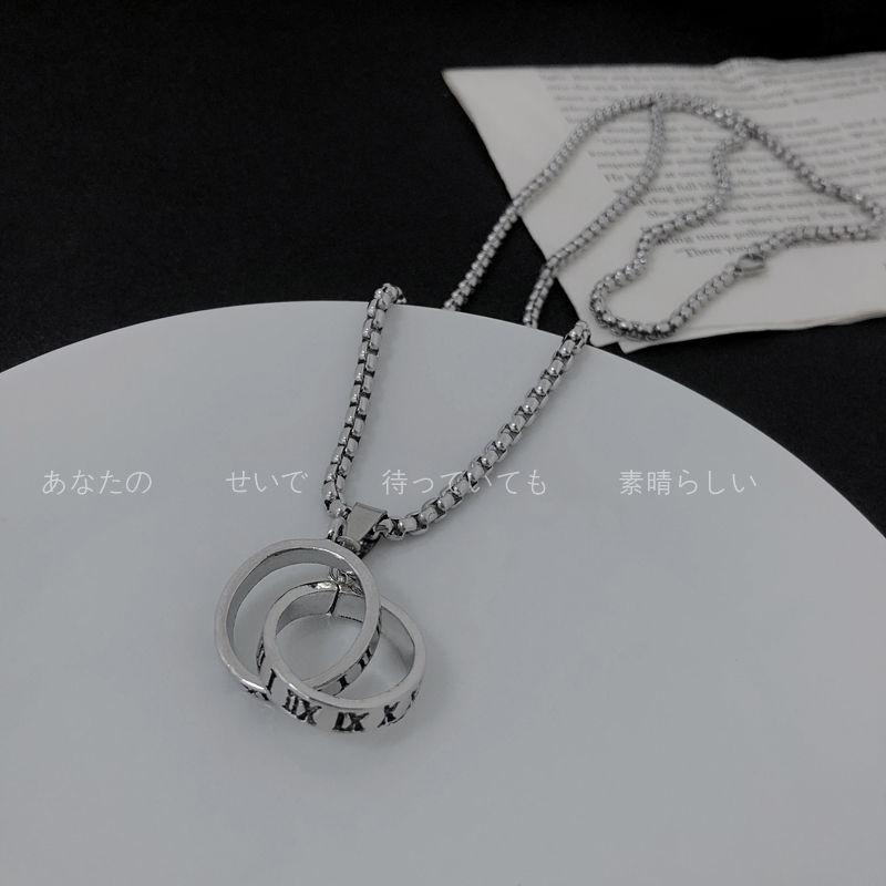 Vintage Roman Numeral Ring Titanium Steel Pendant Necklace Men'S And Women'S Hip Hop Long Sweater Chain