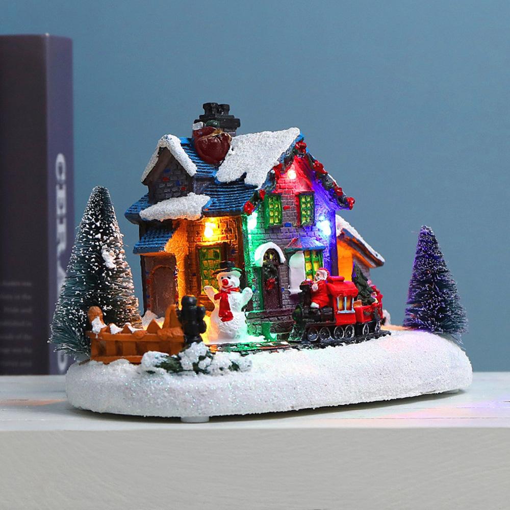 Resin Christmas Scene Village House Decoration Town with Warm LED Light Santa Claus Train Snowman Battery Operated Christmas Ornament