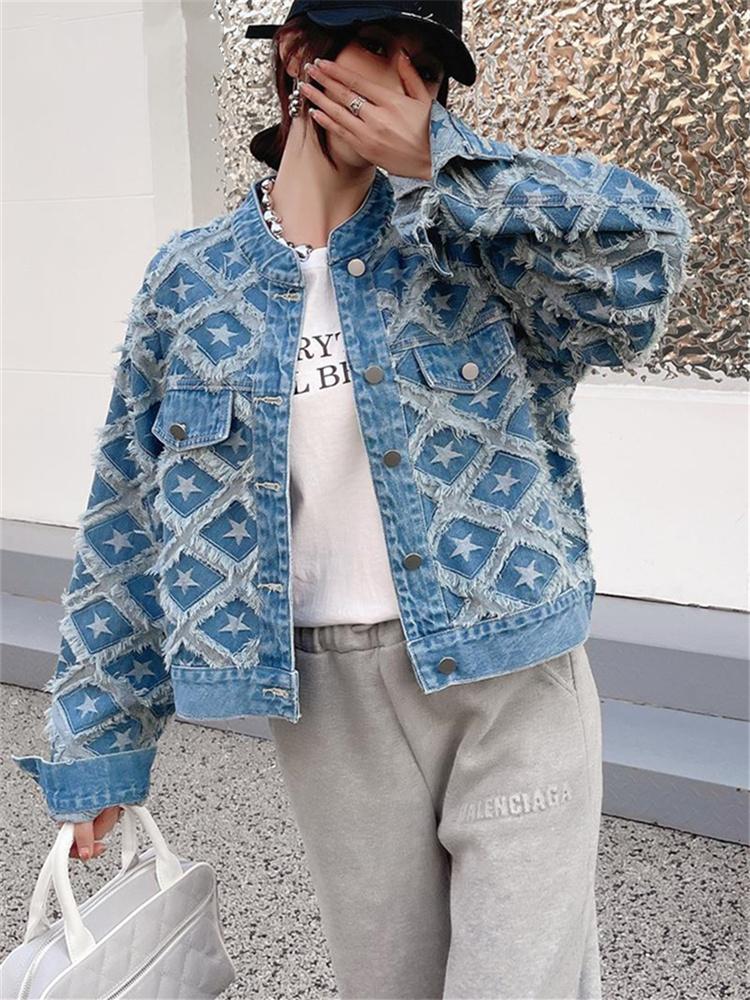 Geometric Jean Jacket for Women  New Fashion Autumn Winter Long Sleeve Denim Jacket Streetwear Single Breasted Coat