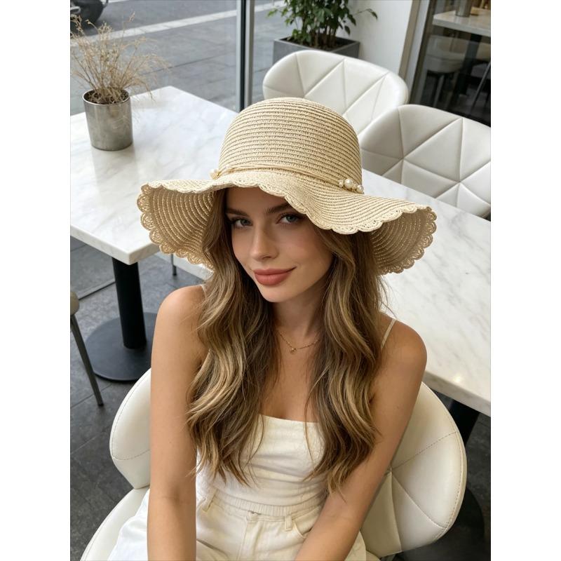 Korean Style Pearl Wide Brim Straw Hat Women Wave Brim Sun Hat For Beach Outdoor