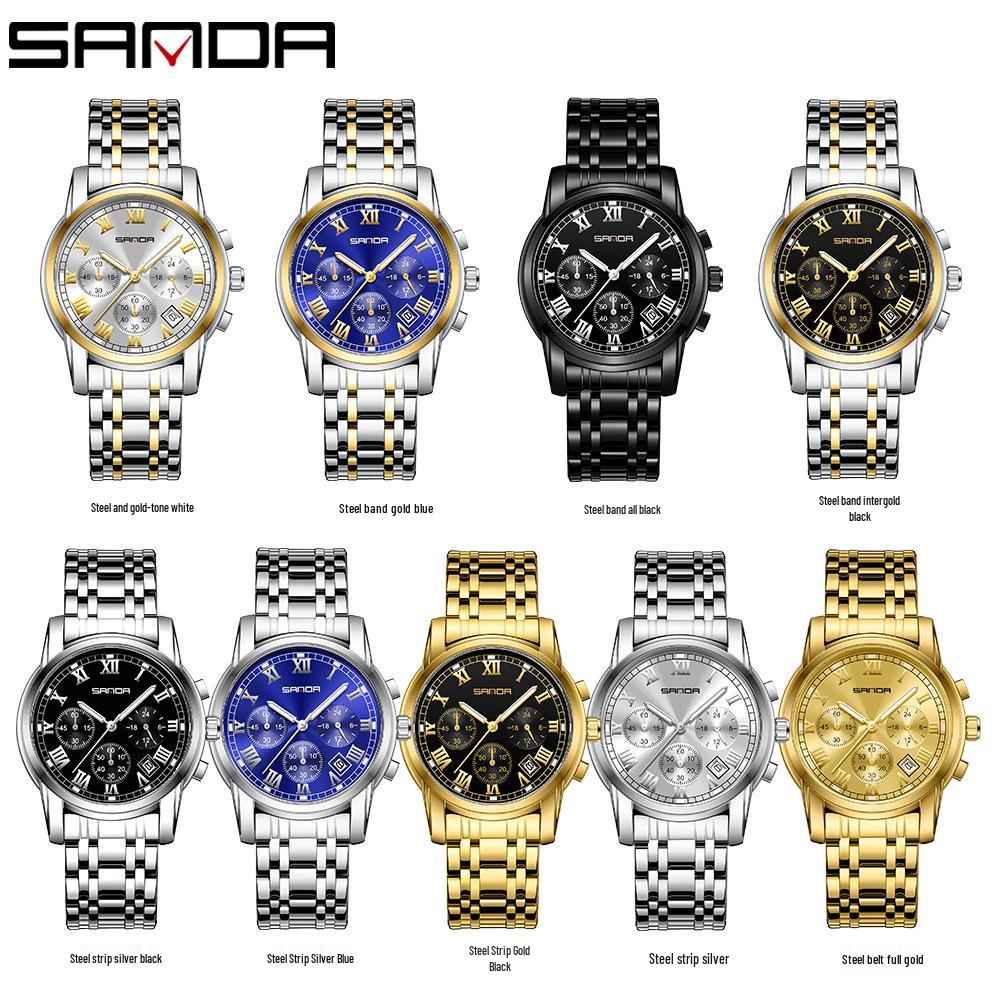 Sanda Men's Waterproof Luminous Quartz Watch - Fashionable Three-Eye Six-Hand Design with Steel Band.