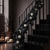 Artificial Halloween Garland with Black Maple Leaves and Pumpkins - Dark Faux Fall Decoration for Fireplace Mantel, Stairs, Door Wrapping
