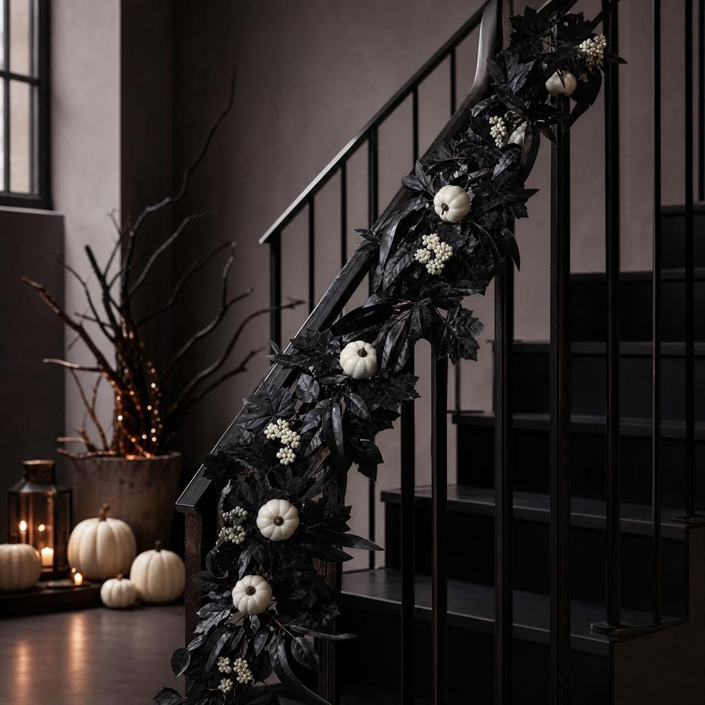 Artificial Halloween Garland with Black Maple Leaves and Pumpkins - Dark Faux Fall Decoration for Fireplace Mantel, Stairs, Door Wrapping