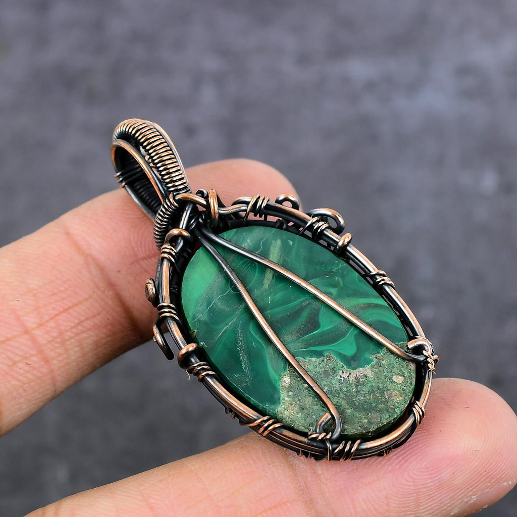 Malachite Gemstone Copper Wire Wrap Jewelry Pendant 2.17" c3H52