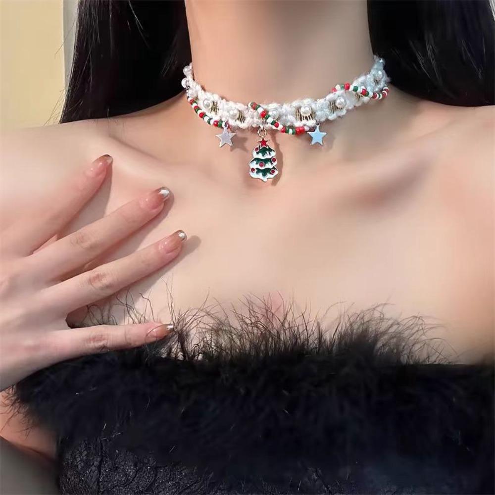 Tassel Christmas Plush Choker Santa Claus Xmas Clavicle Chain Snowflake Rhinestone Necklace  Girls