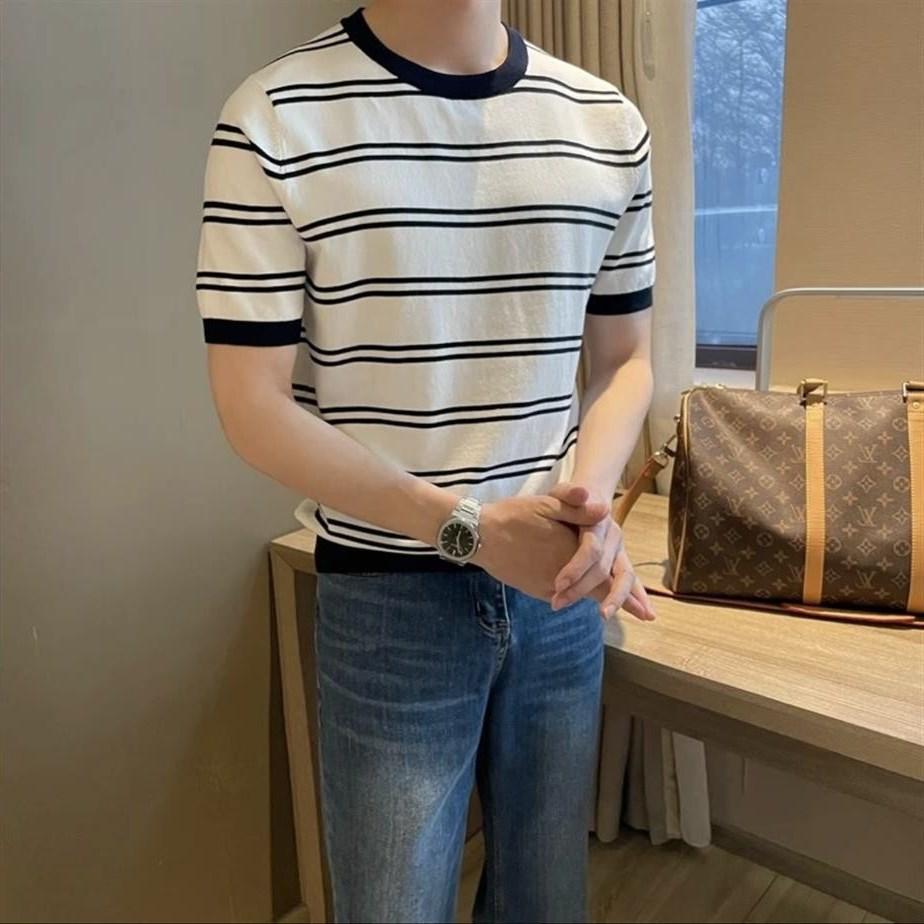 Korean Style Slim Fit Men's Striped Ice Silk T-Shirt