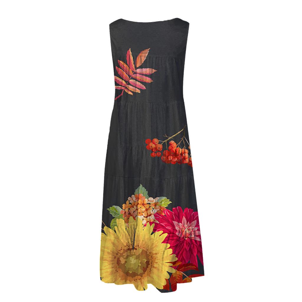 Women's Summer Floral Print Beach Dress Round Neck Sleeveless Dress