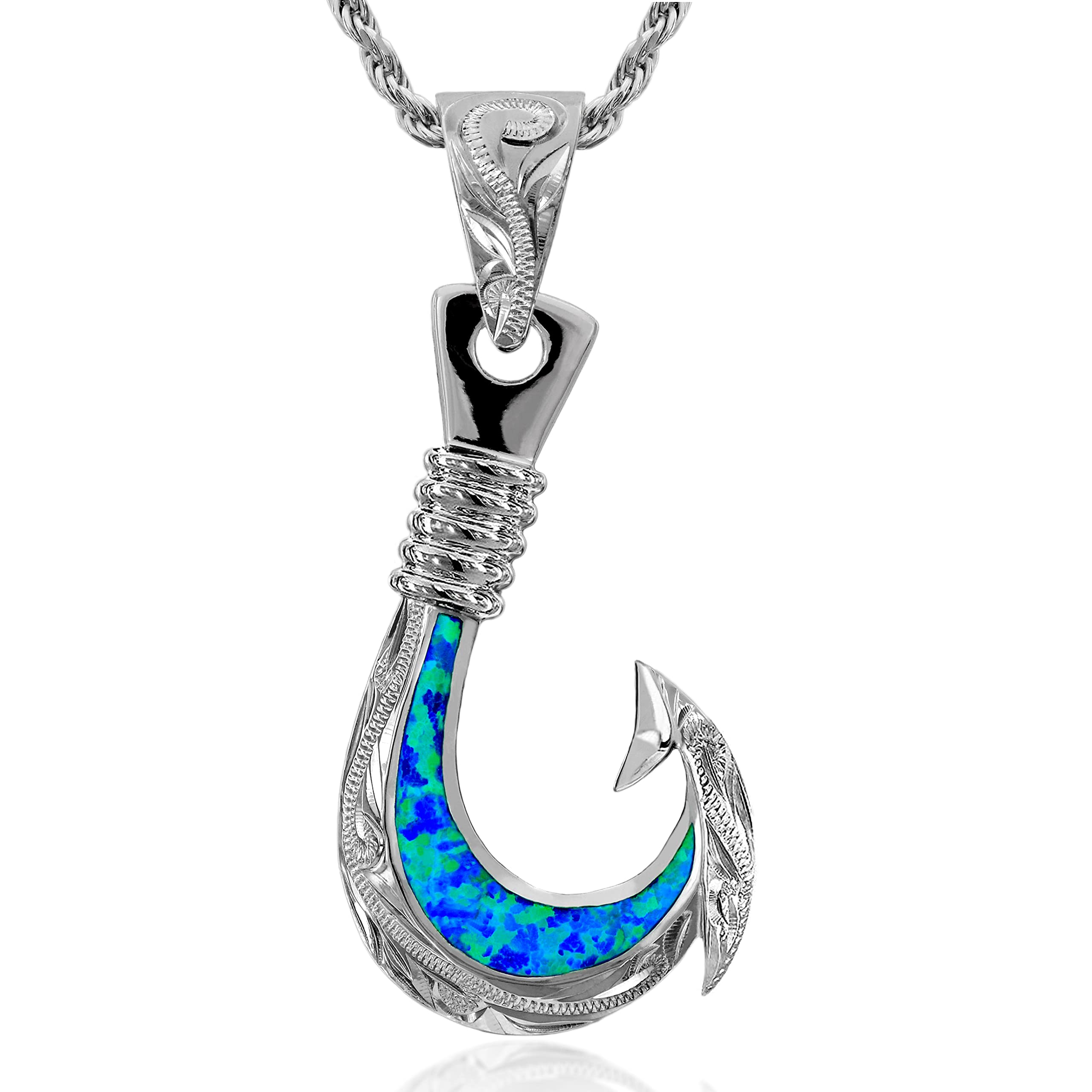

Hawaiian Jewelry Fish Hook Blue Opal Pendant Necklace for Silver 925 60cm Rope [Leilani] Men, (with Chain)