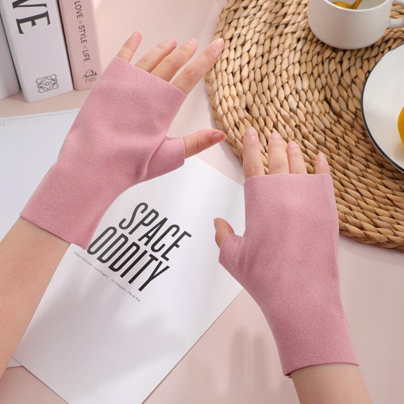 Half finger thermal gloves, heat storage German velvet windproof gloves, flexible writing mittens, cute girls' cold-proof gloves