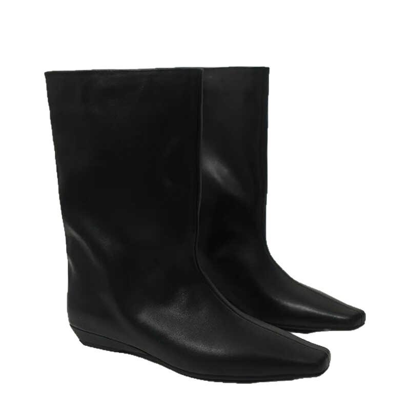 Cowhide version~ autumn and winter new retro wedge heel medium tube loose sleeve knight boots cigarette tube leather versatile short boots women