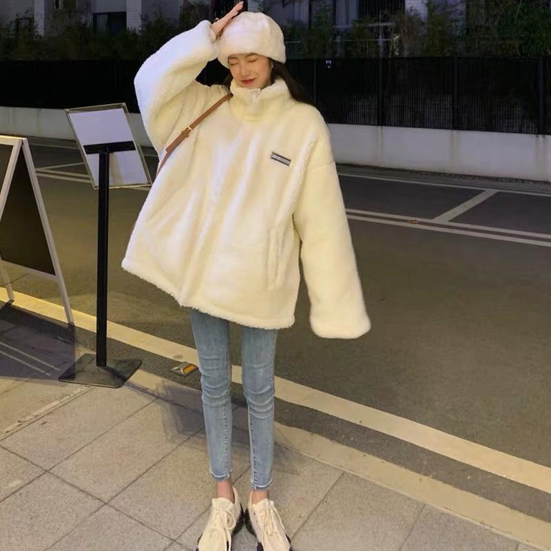 Women's Stand Collar Long Sleeve Jacket Oversized Fit Fleece Lined Sherpa Coat Letter Print Zip Up Warm Winter Outerwear