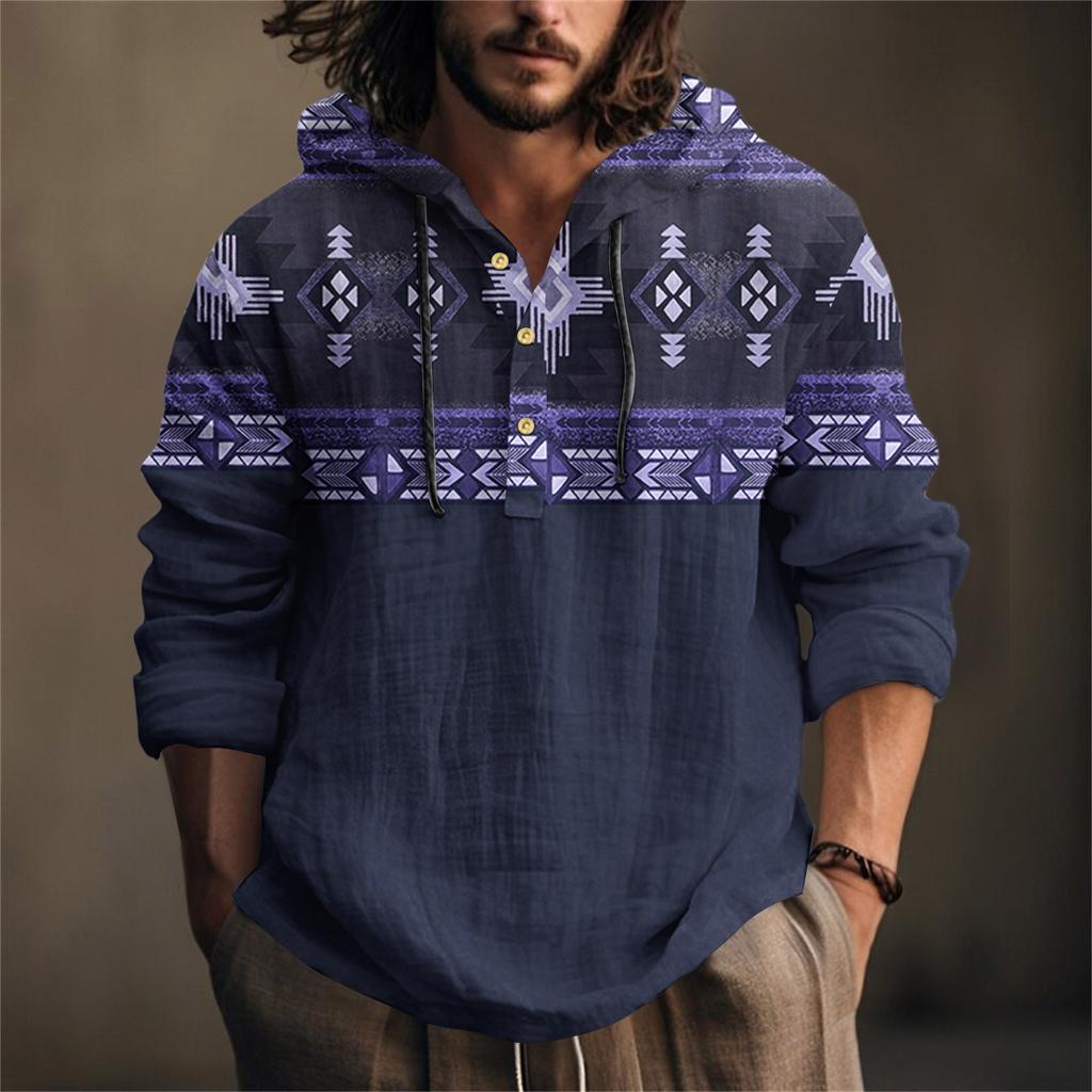 Printed Men's Cotton And Linen Shirt Hooded Long-sleeved Hooded Spring And Summer Casual Daily Wear