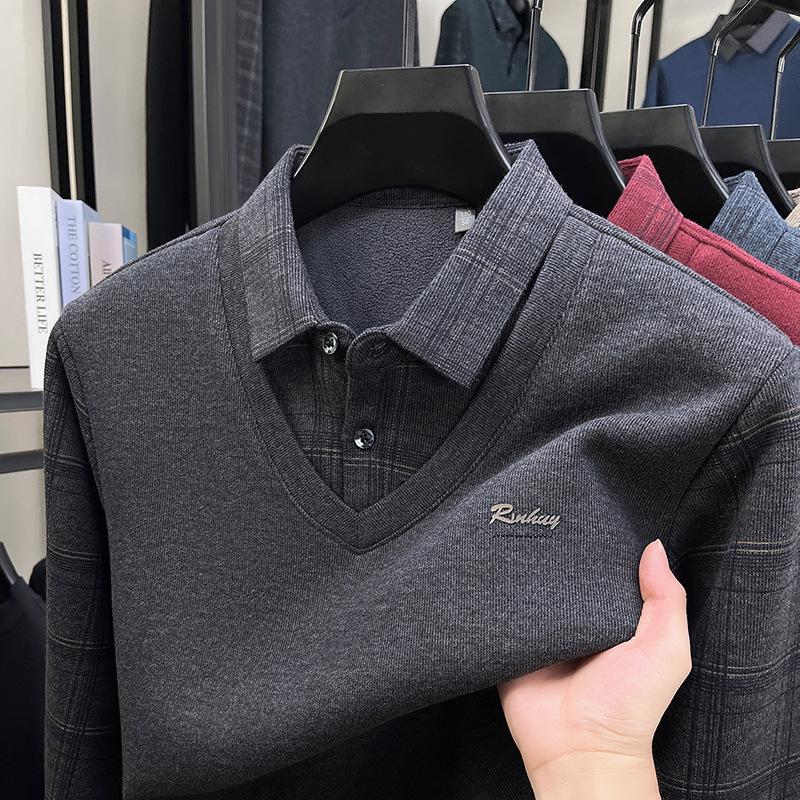 Maglione Invernale da Uomo Finto Due Pezzi con Collo in Lana - Caldo Tessuto di Velluto per Mezza Età e Anziani