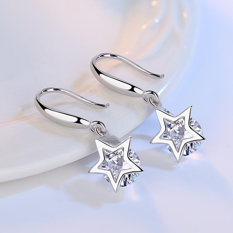 Korean Version S925 Silver Crochet Five-pointed Star Earrings, Fashionable Star Ear Hook Temperament, Simple Female Long Ears