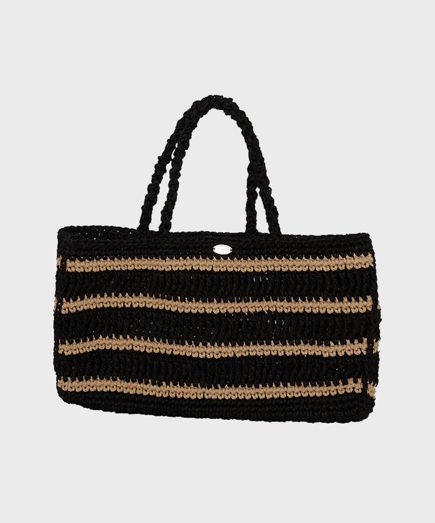 Slowslowly Moroccan Handmade Crochet Stripe Wide Tote Bag _ Black