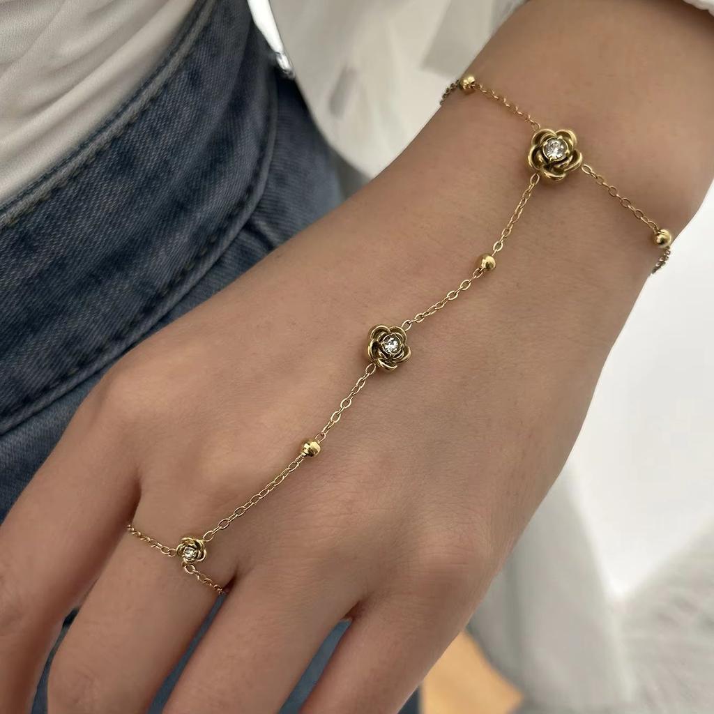 Vintage Zircon Rose Flower Finger Chain Bracelet for Women Stainless Steel Gold Plated Thin Chain Bracelet Waterproof Jewelry