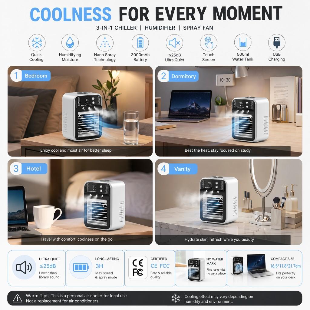 USB Charging Model Office Bedroom Chiller Air Conditioner Fan Desktop Humidifying Electric Fan Spray Portable Chiller Home Refrigeration Touch