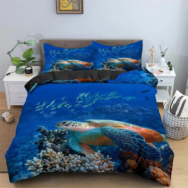 Sea Turtle Duvet Cover Underwater World Themed Marine Life Bedding Set for Women Teen Boys and Girls Gift for Bedroom Decoration