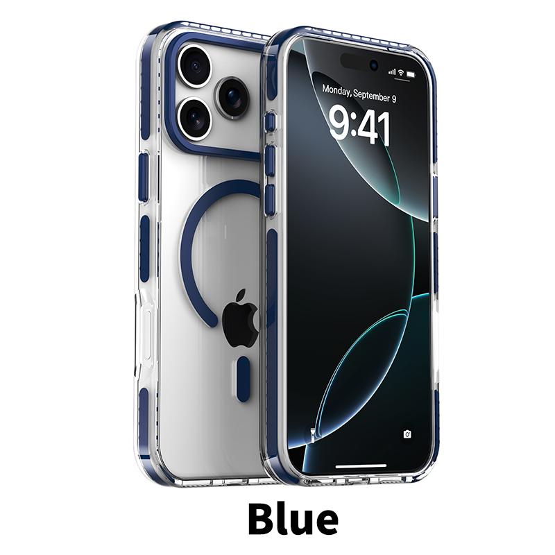 

Luxury PE Striped Border For Magsafe Magnetic Wireless Charge Phone Case For iPhone 17 Air 16 E 15 14 13 12 Pro Max Clear Cover iPhone17 Pro синій