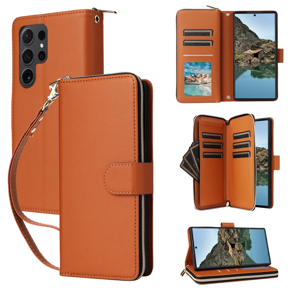 R20 For Samsung Galaxy S24 Ultra Case PU Leather Zipper Pocket Phone Cover