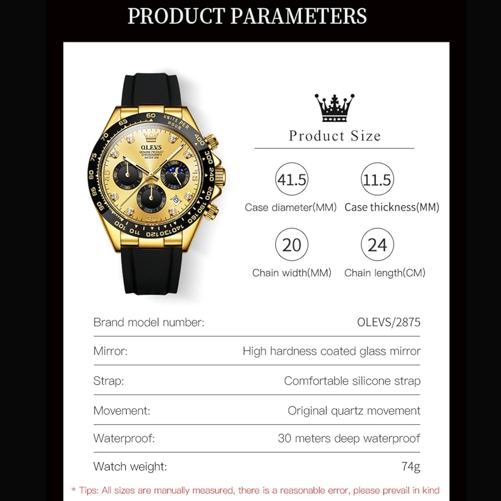 OLEVS Stylish Men's Watch Business Date Waterproof Quartz Gold Analog Chronograph Silicone Strap