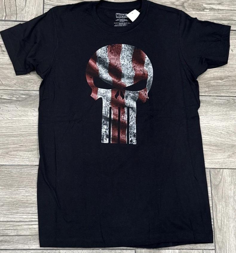 2015 Punisher Logo Wavy White Red Skull T-Shirt Licensed Marvel Size Medium S