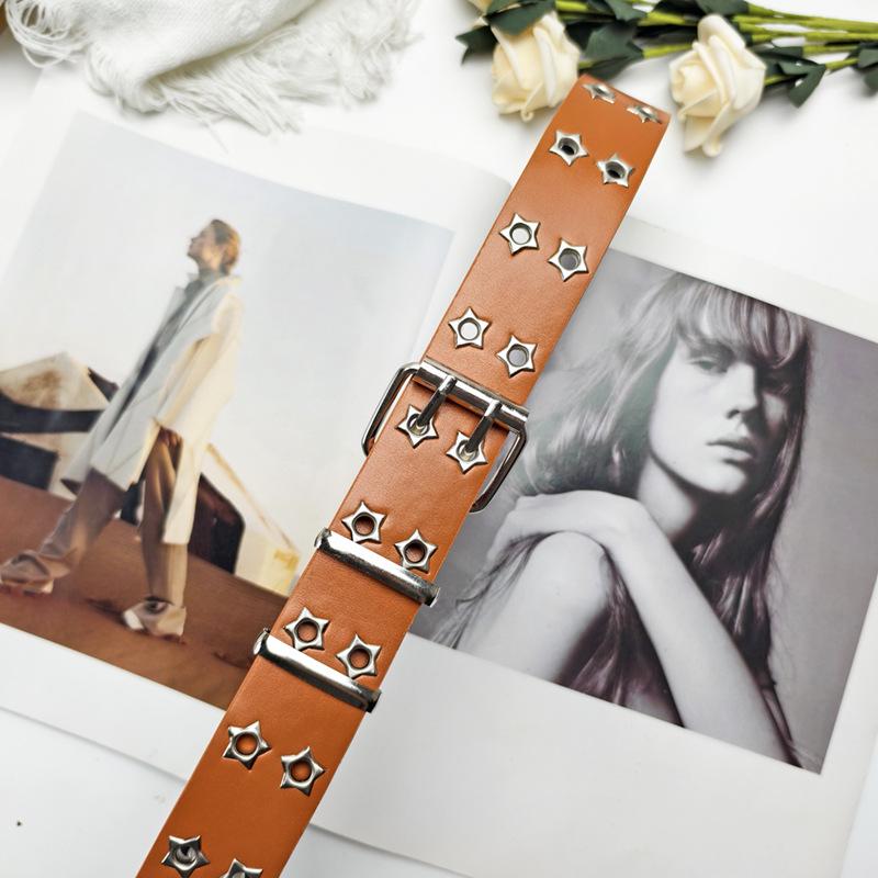 

Punk Style Star Eyelet Double Row Waist Belt - Korean Hip Hop Women’s Decorative Leather Belt 105 cm