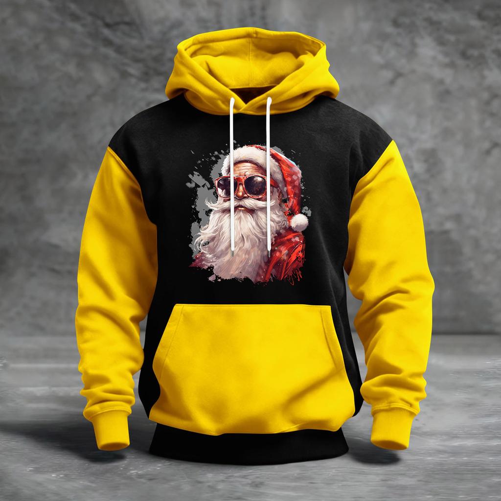 Erkek Noel Baskılı Renk Bloklu Kapüşonlu Günlük Spor Konfor Sweatshirt