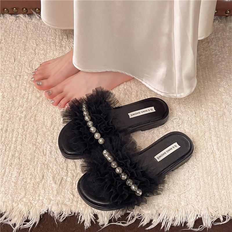 

Mesh pearl one-word slippers women s summer new versatile skirt soft-soled casual cool slippers 39 чёрный