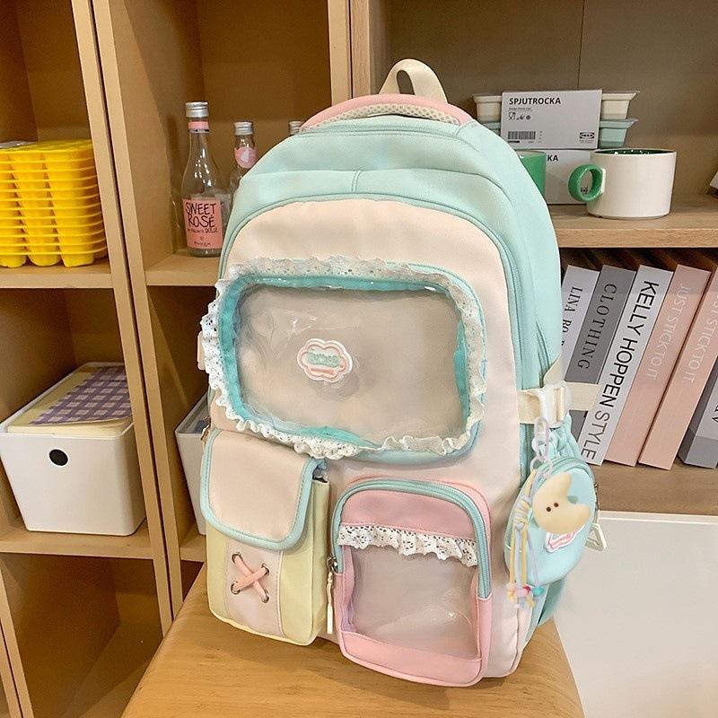 High value dopamine sweet contrasting color girl heart backpack college wind junior high school students multi-compartment backpack