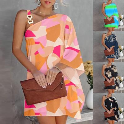 Women's Sexy Off-the-Shoulder One Strap Sloping Shoulder Printed Midi Dress