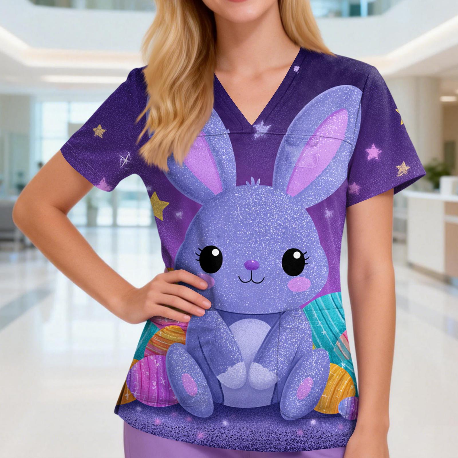 

Женская униформа/топ для сиделки с V-образным вырезом, тремя карманами, коротким рукавом, пасхальным принтом и разрезами по подолу S чёрный